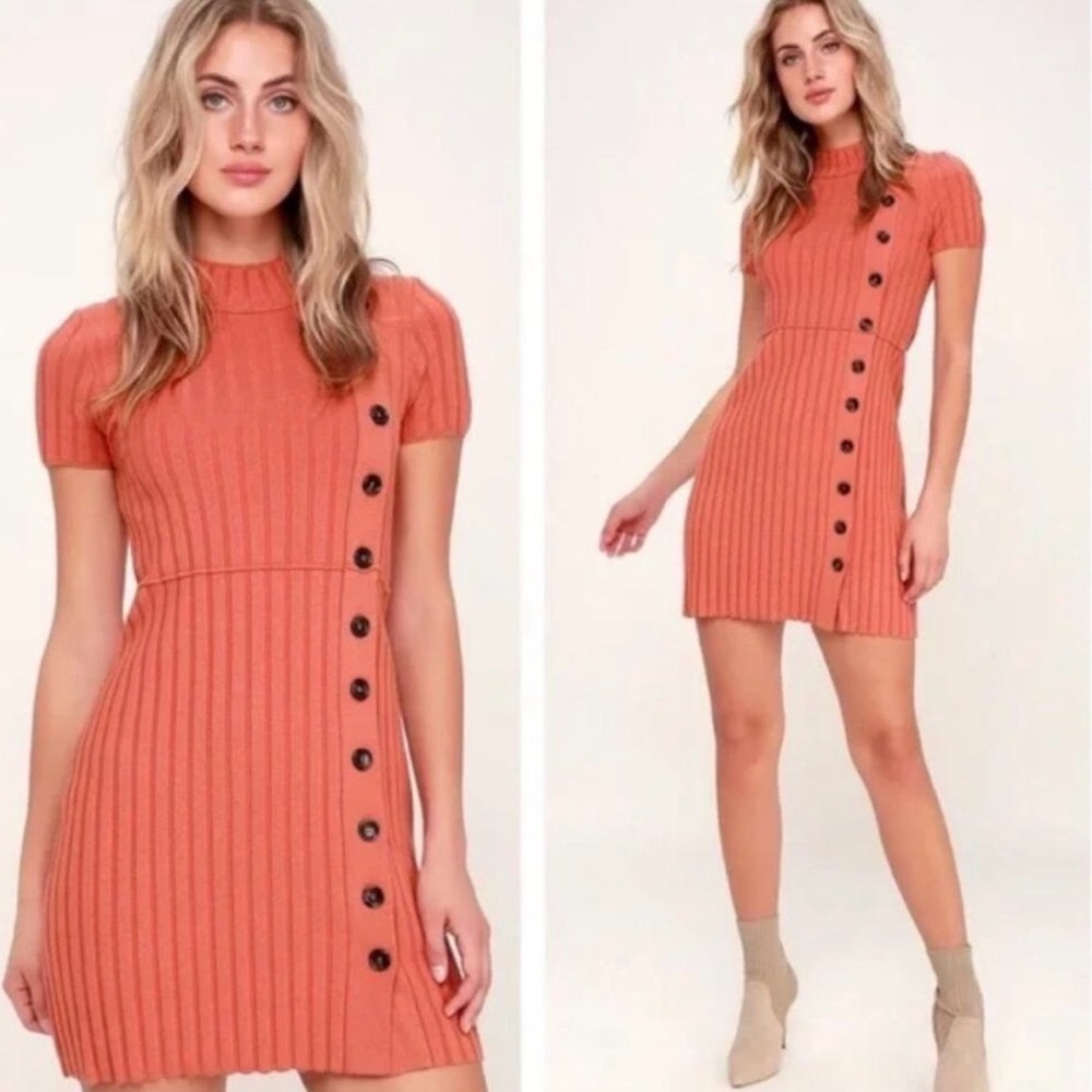 FREE PEOPLE Lottie Coral Ribbed Button Front Mock Neck Sweater Dress Sz S